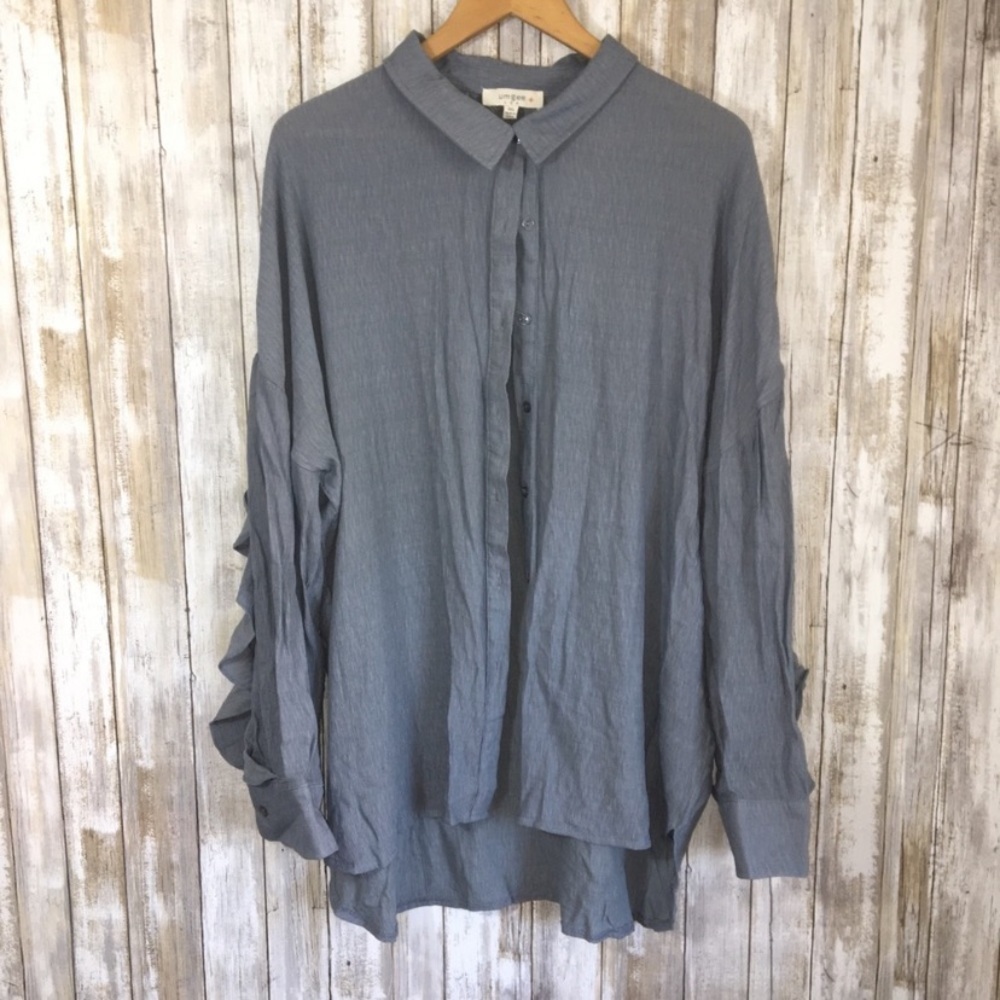 Umgee Dusty Blue Ruffle Open Sleeve Button Down